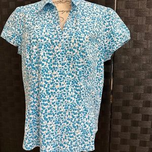 New St John’s Bay, blue and white floral print short sleeve blouse, sz XL